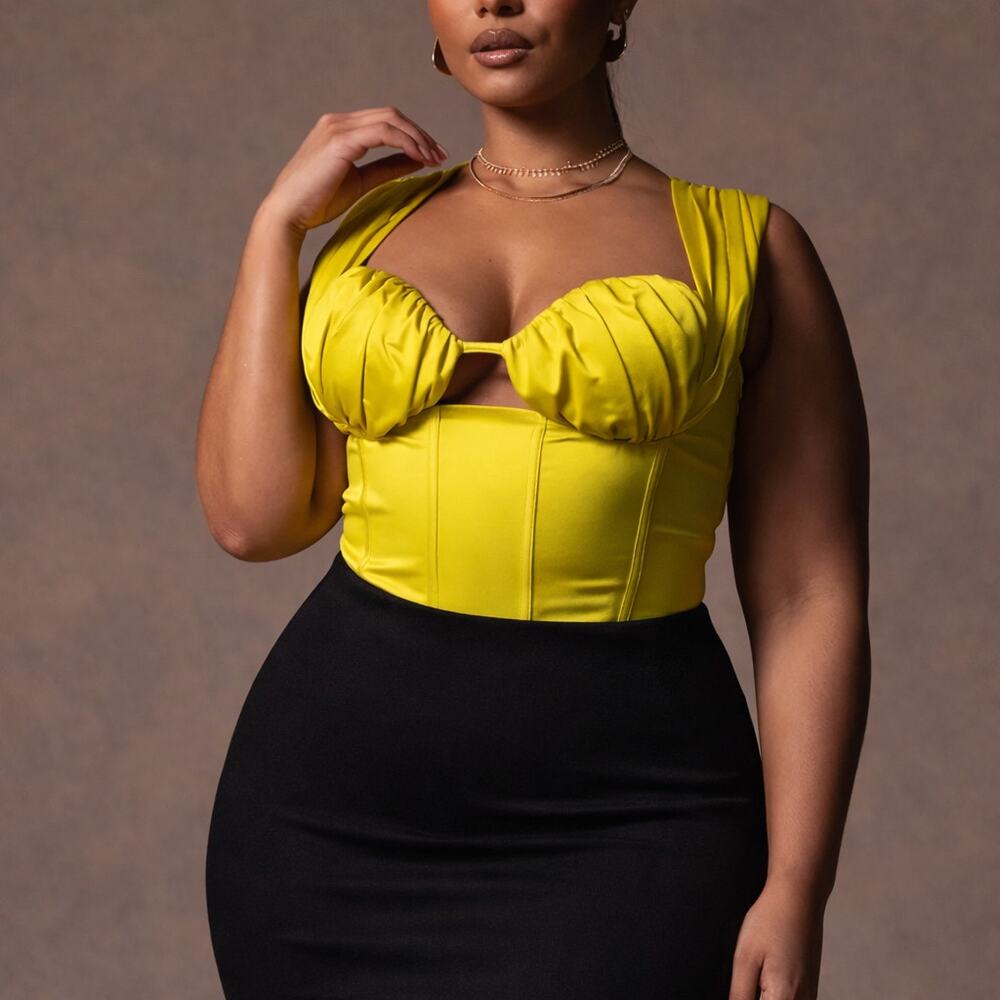 PrettyLittleThing Plus Chartreuse Satin Ruched Bust Corset Top US 24 NWT